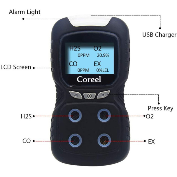 Sécurité Maximale: Détecteur 4 Gaz Portable avec Alertes Sonores, Lumineuses et Vibrations Sécurité Maximale: Détecteur 4 Gaz Portable avec Alertes Sonores, Lumineuses et Vibrations