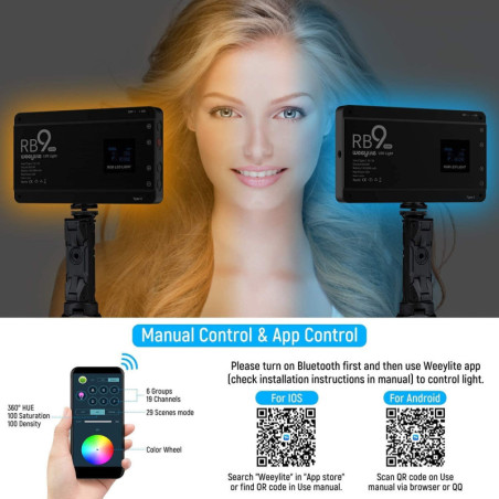 Weeylite RB9 RGB: Éclairage Vidéo LED Pro, 2500K-8500K, Contrôle App, Autonomie 2H, Kit Complet!