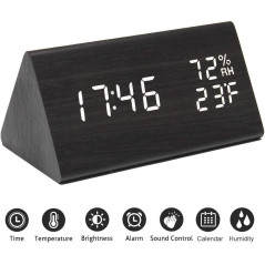 Digital Alarm Clock, with Wooden Electronic LED Time Display, 3 Alarm Settings, Humidity & Temperature Detect, Wood Made