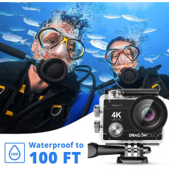 Dragon Touch 4K Action Camera 16MP Vision 3 Ultra HD Underwater 100FT Waterproof Action Camera 170° Wide Angle 4X Zoom Sports