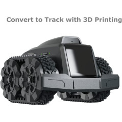 A Moorebot Scout robot displaying the words "convert to track" made using 3D printing.