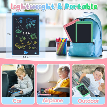 Two kids playing with FLUESTON LCD Writing Tablets, doodling on screen with dinosaur, unicorn, and whale themes.