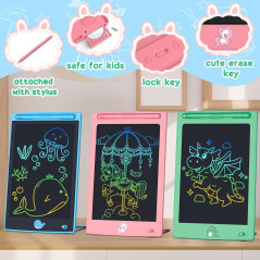 Kids having fun with FLUESTON LCD Writing Tablets, creating art on screens with dinosaur, unicorn, and whale patterns.
