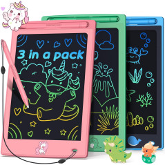 Two children enjoying FLUESTON 3-Pack LCD Writing Tablets, engaging in creative play with dinosaur, unicorn, and whale themes.