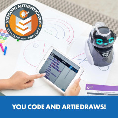 An image of Artie Max: The Ultimate Coding & Drawing Robot by Educational Insights, with markers and a drawing pad.