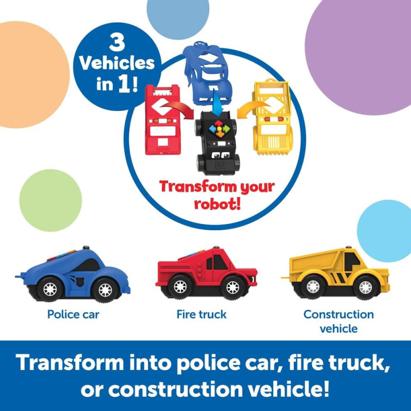 Child playing with toy fire truck and car from Switcheroo Coding Crew by Learning Resources.