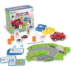 Toddler playing with toy fire truck and car from Switcheroo Coding Crew.