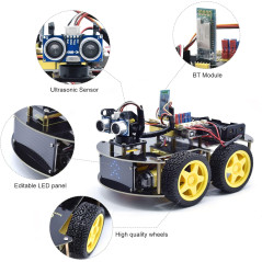 Educational robot car with remote control and wheels, part of KEYESTUDIO 4WD Bluetooth Smart Car Kit.