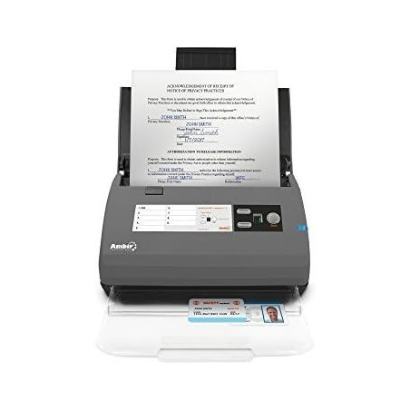 Ambir ImageScan DS820ix: High-Speed Duplex Document Scanner with document on top.