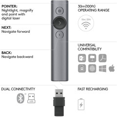 Logitech Spotlight Presentation Remote in silver with button for control.