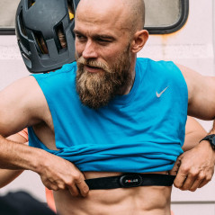 Polar heart rate strap with logo, an advanced monitor with comfortable chest strap for precise heart rate measurement.