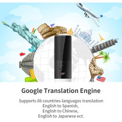 A smart translation device showcasing buttons for source and target languages, microphone, QR code, and volume controls.