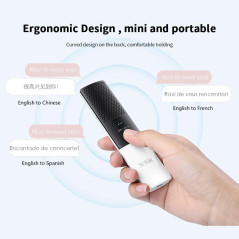 A smart translation device showcasing buttons for source and target languages, microphone, QR code, and volume controls.