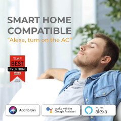 A relaxed individual sits on a sofa, interacting with smart home technology, surrounded by greenery and modern decor.