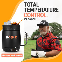 A sleek insulated mug features a wide ergonomic handle, contoured lip, and digital display for preset brewing of coffee and tea.