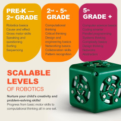 Colorful Cubelets Discovery Set with interactive blocks and guidebook on yellow background.