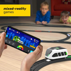 Sleek smart train on curved track with box, for kids ages 3–99, features shown.