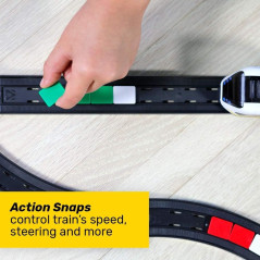 Sleek smart train on curved track with box, for kids ages 3–99, features shown.