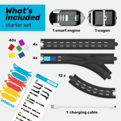 Sleek smart train on curved track with box, for kids ages 3–99, features shown.