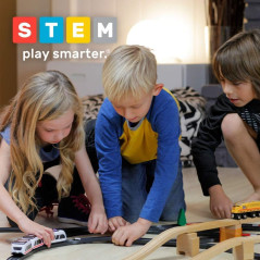 Sleek smart train on curved track with box, for kids ages 3–99, features shown.