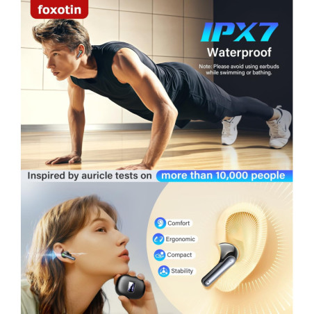 Écouteurs sans fil Bluetooth 5.3 - 48H, étanche IP7, noir