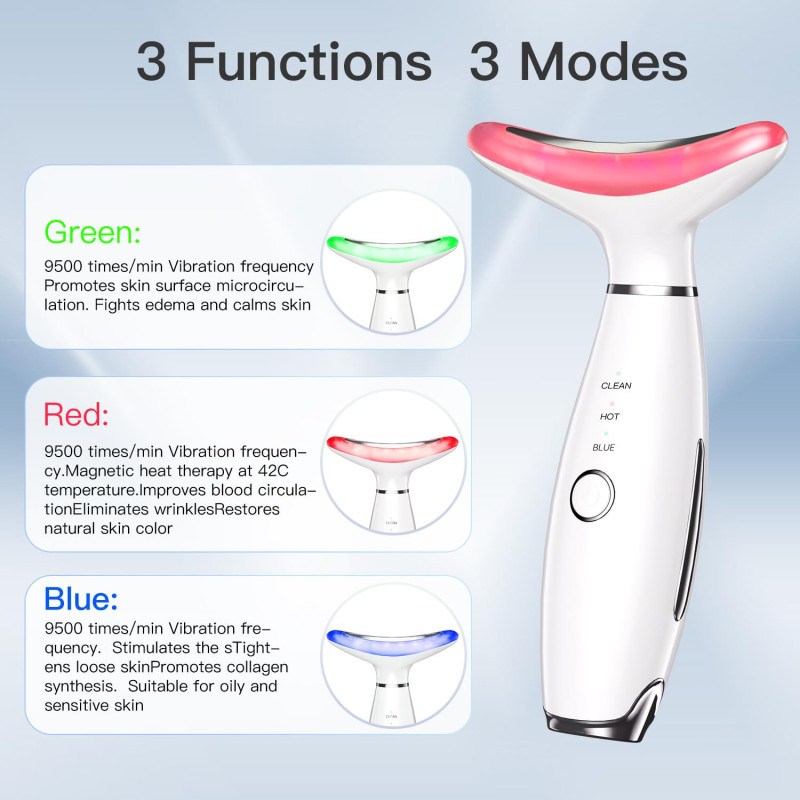 Masseur  3-en-1 pour le Visage et Cou : LED, Chaleur, Vibration
