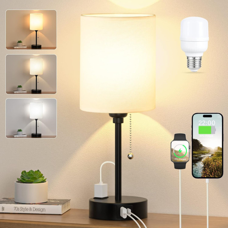 Lampe de Chevet Petite - 3 Températures, Ports USB, Noir