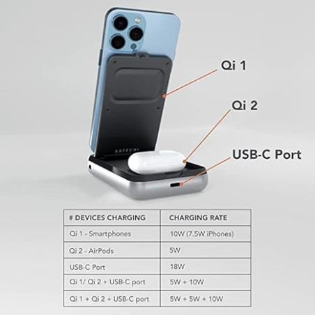 Satechi Chargeur 3-en-1 : Station de Charge sans Fil + Power Bank 10000mAh pour iPhone, AirPods et iPad