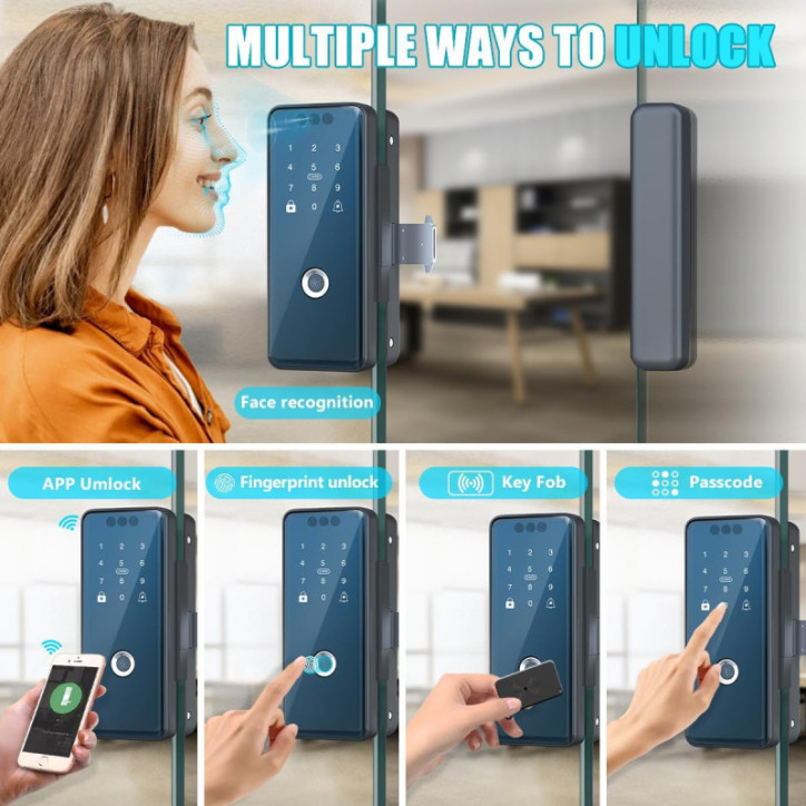Secure Smart Glass Door Lock: WiFi Face ID & Fingerprint Access - Keyless Entry!