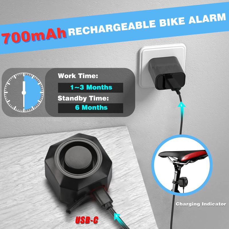 Alarme de Vélo USB Rechargeable 110dB - Sécurité Anti-Vol