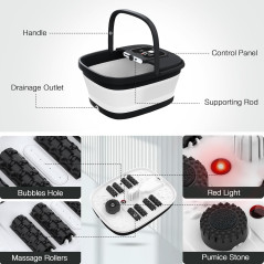 HOSPAN Spa Pieds — Chauffant avec bulles, lumière rouge, 8 rouleaux shiatsu & contrôle température, noir!