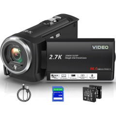 QHD 2.7K Camcorder 56MP Vlogging Camera w/ LED Light, 32GB & 2 Batteries