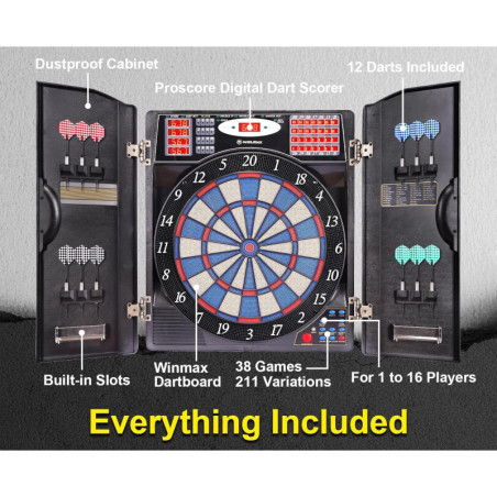 WIN.MAX Electronic Dart Board Cabinet Set – LED Soft Tip Dartboard for Adults