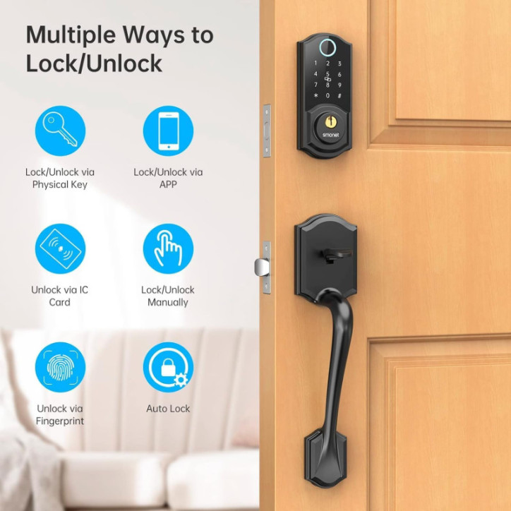 Serrure Intelligente SMONET pour Porte d'Entrée - Serrure Électronique avec Empreinte, Bluetooth et Alexa - Noir