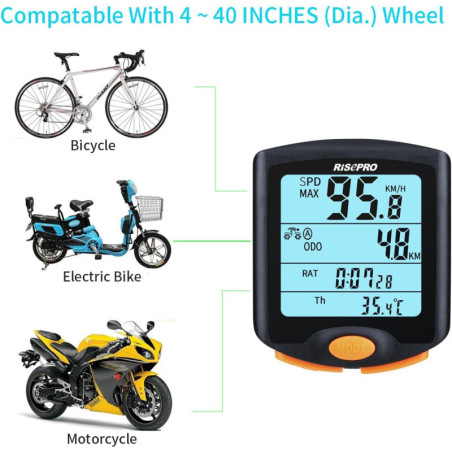 Compteur Vélo Sans Fil RISEPRO® Étanche avec Affichage LED