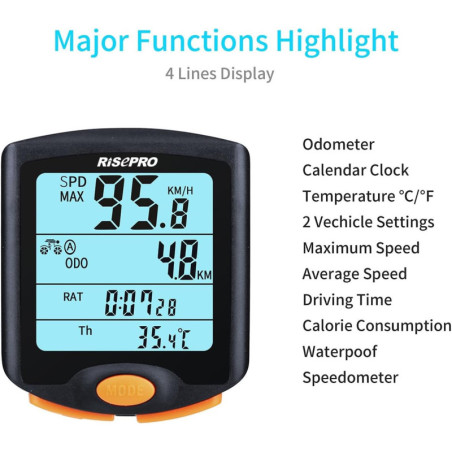 RISEPRO® Compteur Vélo Sans Fil Étanche avec Écran 4 Lignes et Rétroéclairage YT-813
