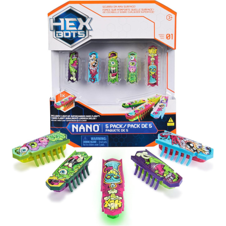 HEX BOTS Nano 5 Pack Mini Robot Toys with Bonus Flash Bot, Sensory Vibration Toy for Kids 3+ & Cats