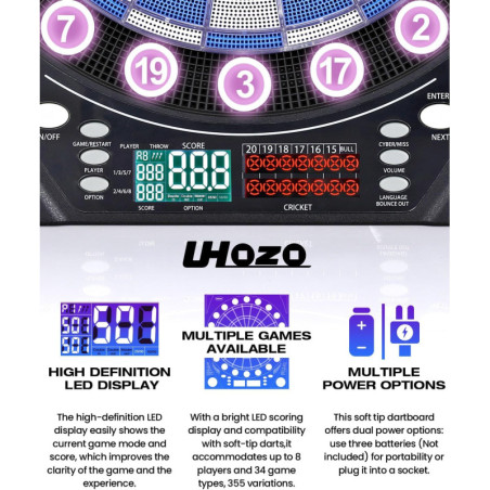 Electronic Dart Board with Bright Display, Multiple Games, Durable Design & 12 Soft Tip Darts for Family Fun