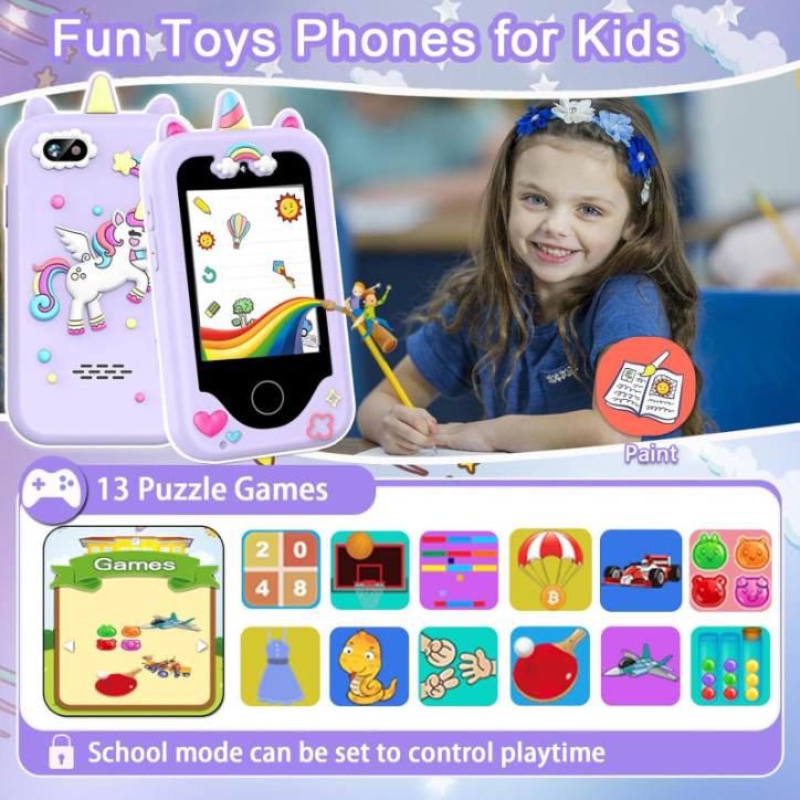 Téléphone Enfant Fille 3-10 Ans - Écran 2,8, Double Caméra, Jeux, Musique, Carte 8GB Violet Téléphone Enfant Fille 3-10 Ans - Écran 2,8, Double Caméra, Jeux, Musique, Carte 8GB Violet