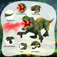 Dinosaure télécommandé réaliste : marche, rugit, brume d’eau et lumières pour un jeu préhistorique magique