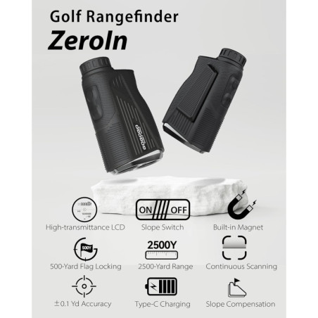 Adoptez le ZeroIn : télémètre 3-en-1, 1500/2500 yards, retour vibratoire, aimant, ultra lisible, autonomie optimale