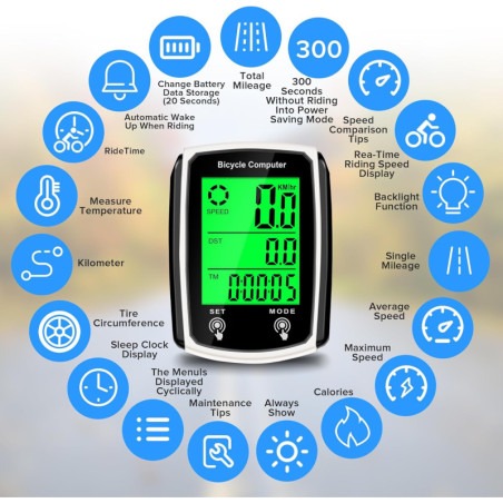 Compteur vélo filaire LCD MPH/KM/h avec fonctions multiples