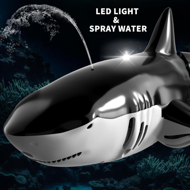 Ultra-realistic RC shark: smooth swimming, magic LEDs & water spray for epic pool adventures!