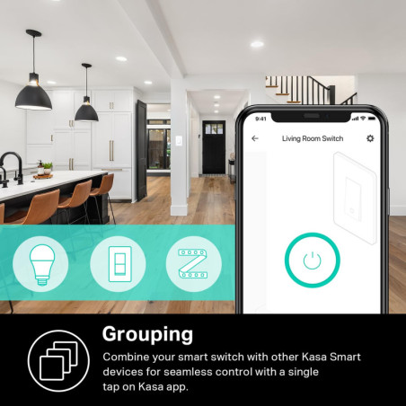 Kasa Smart Light Switch HS200P3, câble neutre requis, Wi-Fi 2.4GHz, compatible Alexa/Google, blanc