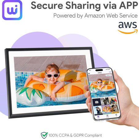 Cadre Photo Numérique 10,1 IPS Tactile 1280x800, 32GB, Partage Vidéos/Photos via Appli Gratuite