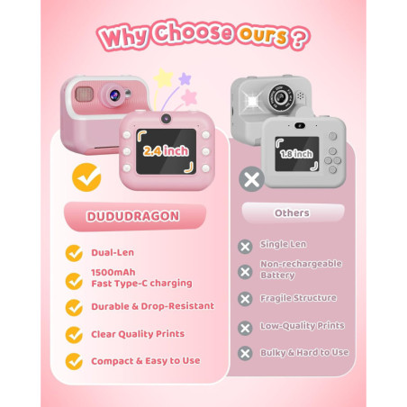 Appareil Photo Instantané Double Caméra Avant/Arrière 1080P pour Enfants 3-12 Ans, Cadeau Anniversaire