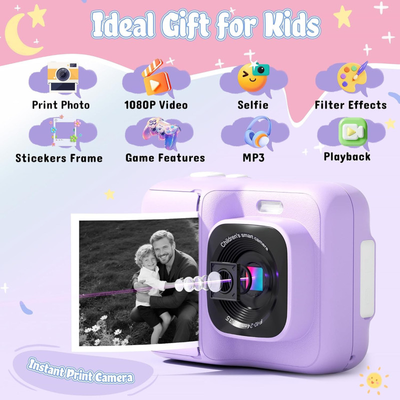 Appareil Photo Enfants 1080P + Impression Instantanée, Cadeau Noël
