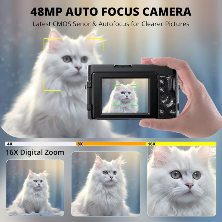 Caméra 4K Numérique 48MP 2024, Zoom 16X, Écran 3 Flip, Anti-Tremblement, 2 Batteries, SD Card Noir Caméra 4K Numérique 48MP 2024, Zoom 16X, Écran 3 Flip, Anti-Tremblement, 2 Batteries, SD Card Noir