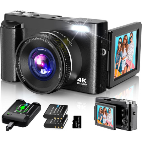 Caméra 4K Numérique 48MP 2024, Zoom 16X, Écran 3 Flip, Anti-Tremblement, 2 Batteries, SD Card Noir