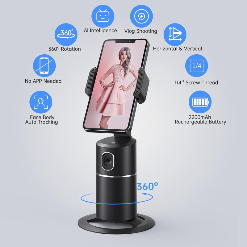 Support Téléphone Auto Suivi Visage 360° Sans Application Noir
